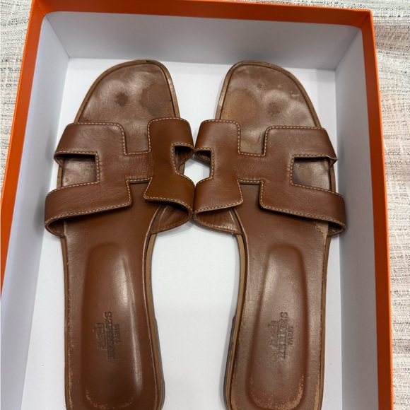 Hermes Tan Leather Slide Sandals - Picture 1 of 7